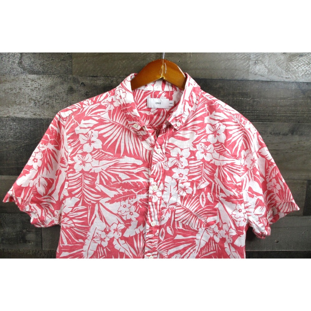 Onia Shirt Mens Medium Red White Floral Hawaiian Linen Short Sleeve Button Up
